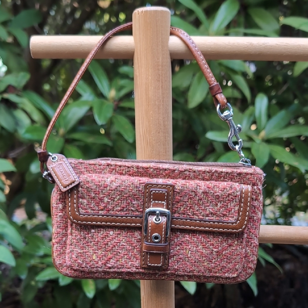 Y2K Coach Orange and Brown Leather Tweed Wristlet